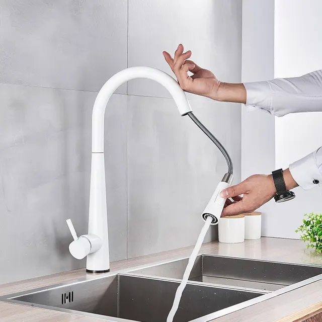 Sensor Küchen armaturen weiß berühren induktive empfindliche Wasserhähne  Mixer Wasserhahn Einhand Doppel auslass Wasser modi Deck halterung -  AliExpress