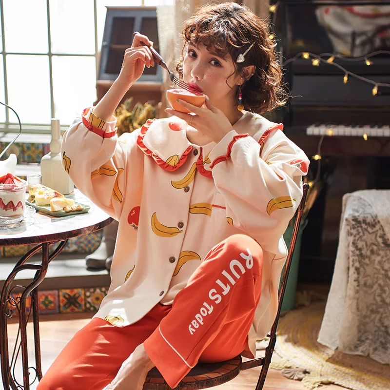 Beste Nieuwe Thuis Dragen Lange Mouw Katoen Herfst Winter Nachtkleding Toevallige Slaap Set 2 Stuks Nachtkleding Leuke Babydoll Pyjama Pyjama Pak