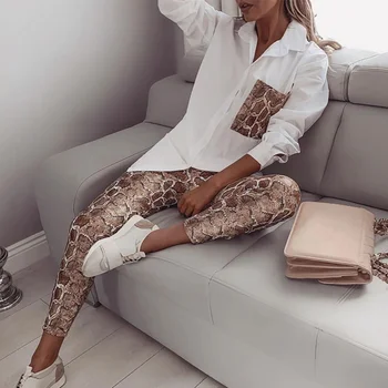 

Women Two Piece Patchwork Snake Print Sets Casual Shiny Pant Autumn 2020 Spring Blouse & Pants Faux PU Fashion Female OL Suits