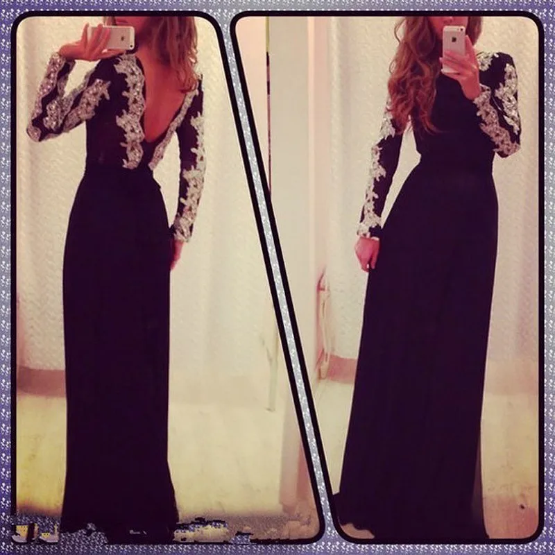 Vestido de formatura sereia, черное платье с длинным рукавом и аппликацией, с глубоким v-образным вырезом на спине, длинное вечернее платье для мамы невесты