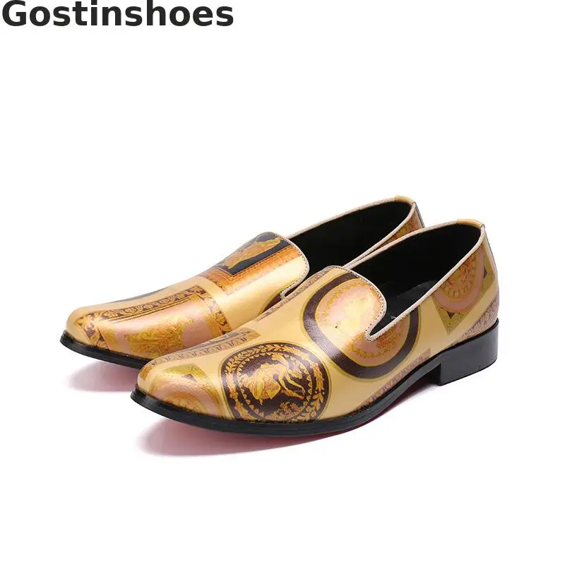 

Men Loafers Golden Color Genuine Leather Printed Men Casual Shoes Low Heel Slip-on Men Leisure Shoes Fashionable Style