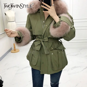 

TWOTWINSTYLE Patchwork Fur Women's Windbreaker O Neck Long Sleeve Zipper Pocket Female Trench Coats 2020 Autumn Winter Fashion