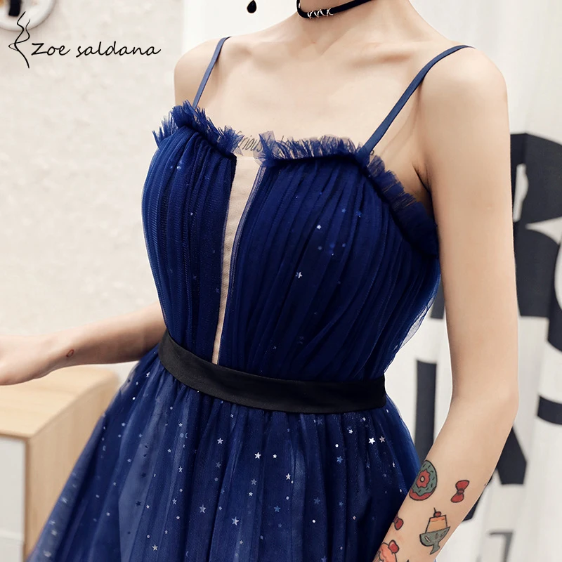 

Zoe Saldana Evening Party Dresses spaghetti strap tulle Star romantic Birthday Banquet Dress Prom Gowns Robe De Soiree