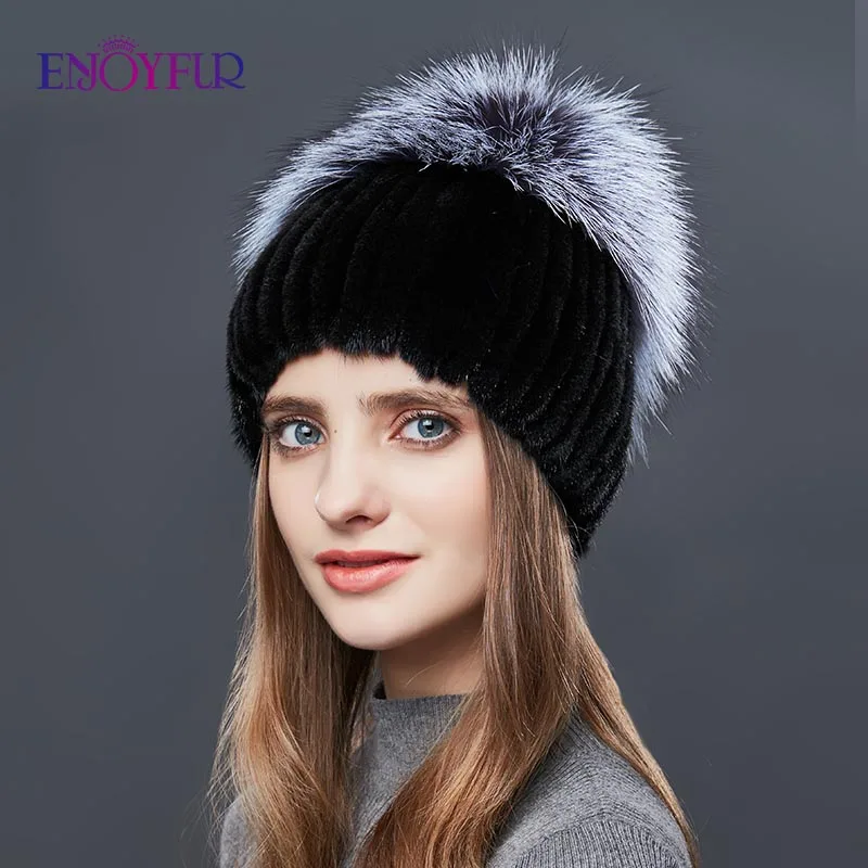ENJOYFUR зимние теплые меховые шапки женские Вязаные норковые шапки ткачество с лисьим мехом Новая мода