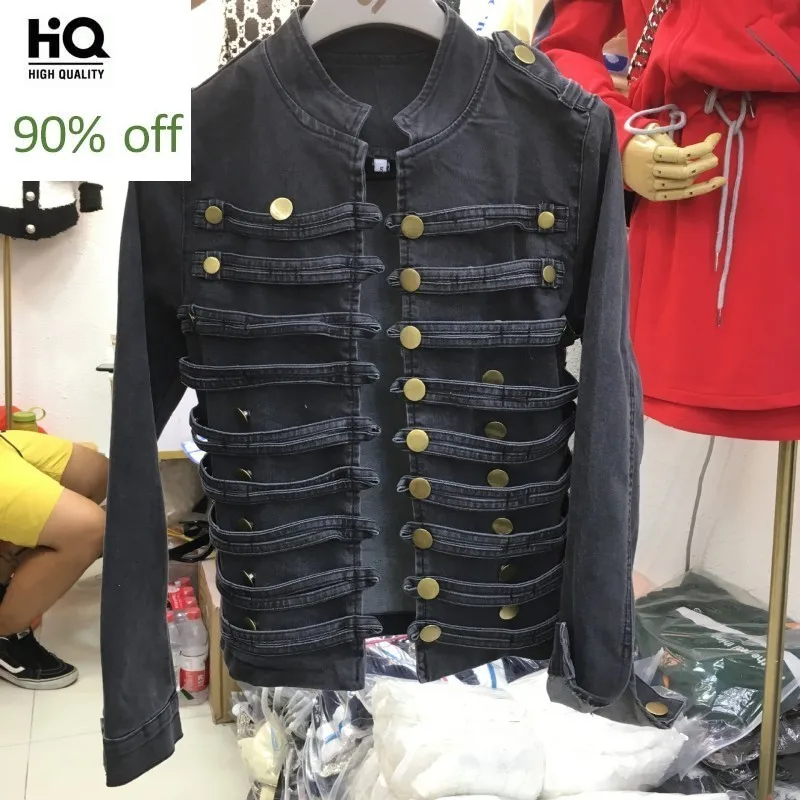 

European Court Style Female Jean Jacket Vintage Double Breasted Slim Short Coat Fashion Long Sleeve Stand Collar Cowboy Jacket