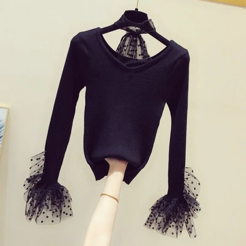 2020 Spring New Korean Style Women's Clothing Mesh Panel Sweater Long-Sleeve V-neck Top Temperament Sweaters Pull Femme Jumper