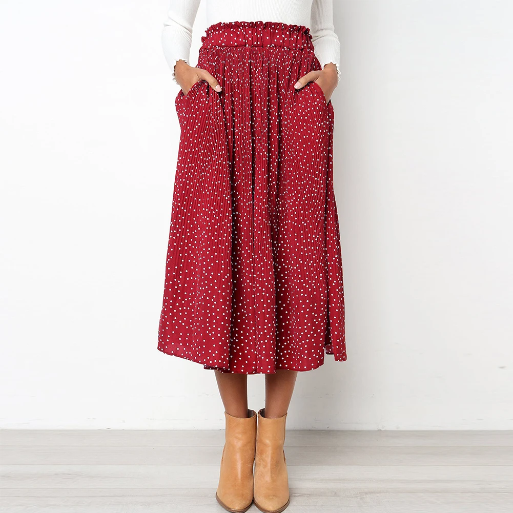 Плиссированные эластичные офисные Повседневные Вечерние женские юбки в горошек карманы качели пышные миди винтажные Полиэстеровые мягкие