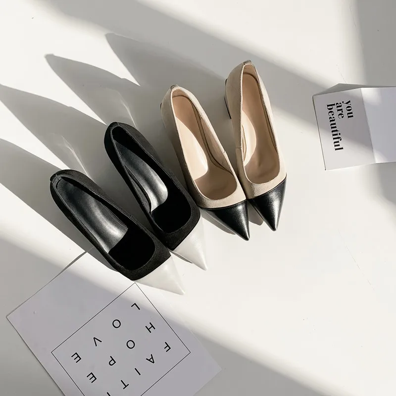 

High Heel Shoes Women's 2019 Spring New Style Pointed Toe Chunky Heel Shoes Women's WOMEN'S Genuine Leather Shoes Low Top Low-Cu