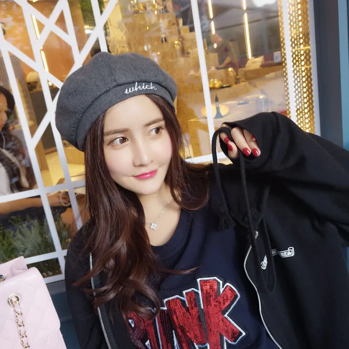 Korean-style Which Lettered Autumn Winter Versatile British-Style Woolen Beret Fashion Warm Pumpkin Octagonal Cap Children