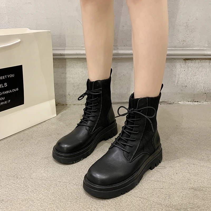 

Knitted Wool Short Boots Women 2020 Autumn New Leather Platform Casual Work Women's Shoes Fashion Black Motorcycle Women's Boots