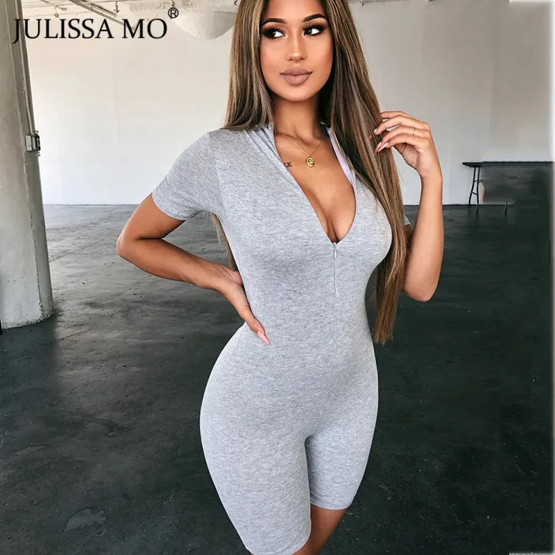 JULISSA MO V Neck Short Sleeve Playsuit Sexy Zipper Slim Women Rompers Jumpsu Summer 2020 Female Black Casual Fitness Overalls JULISSA MO V Neck Short Sleeve Playsuit Sexy Zipper Slim Women Rompers Jumpsu Summer 2020 Female Black Casual Fitness Overalls