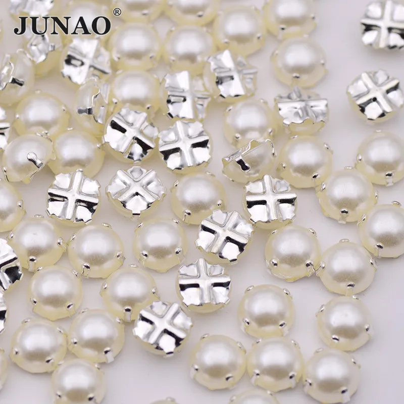 JUNAO-6-7-8-mm-Sewing-White-Pearl-Rhinestones-Round-Flatback-Beads-Acrylic-Stones-Bridal-Pearl