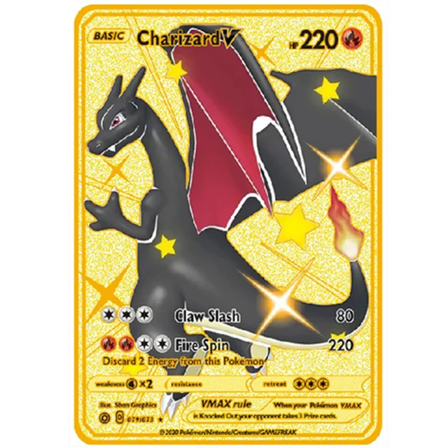 Pokemon Iron Shiny Cards English Charizard Mewtwo Pikachu Metal Cards Vmax Metal Gold Pack Game Collection Cards Gift Kids 10