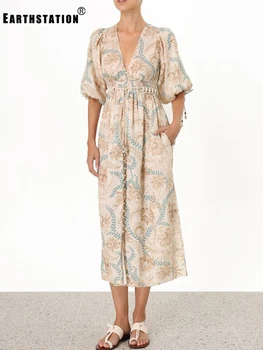 

Free shipping retro printing straps elastic waist lace lantern sleeves dress ladies summer new cotton and linen material swing