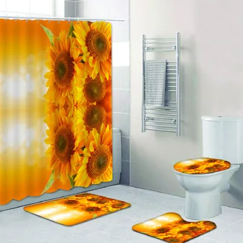 

180x180 sunflower print shower curtain set bathroom seat cushion non-slip carpet cover bathtub decoration 4 pieces/set