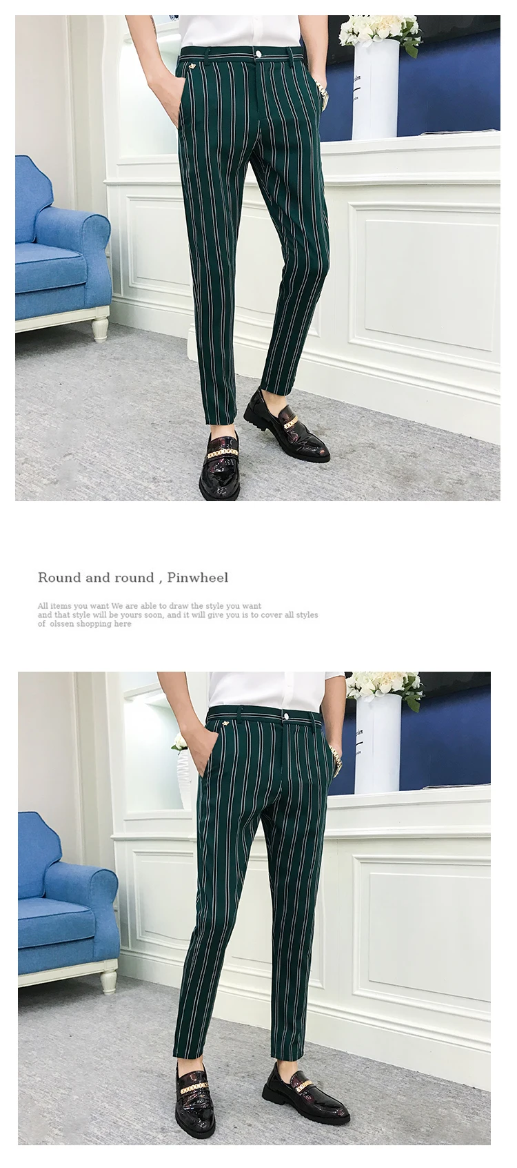 Autumn Stripe Men Dress Pants Black Green Mens Pants Fashions Streetwear Men Skinny Fit Men Trousers Pantalones Hombre