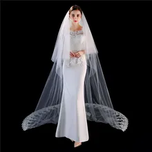 Новое поступление Длинные собор свадебная Фата с расческой свадебная фата цвета слоновой кости, с кружевными аппликациями, 3 м, 5 м индивидуальный заказ Фата украшения Свадебные вуали veu de noiva собора
