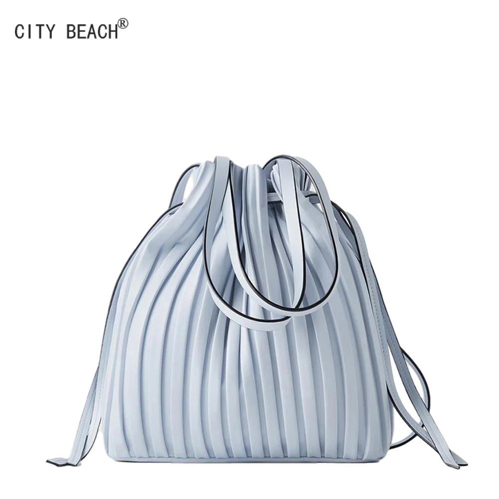 

ZA Pleated drawstring bucket bag for 2020 luxury handbags solid color pu leather high capacity shoulder handbags CITY BEACH