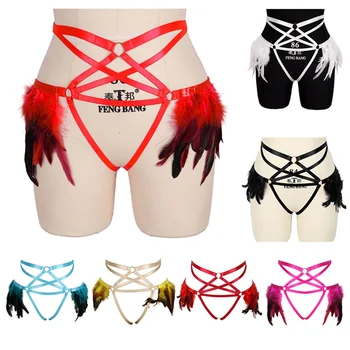 

Feather Harness Garter Belt Cage Leg Stockings Suspender Belt Strap Elastic Adjust Hollow Out Bondage Panties Goth Dance Rave