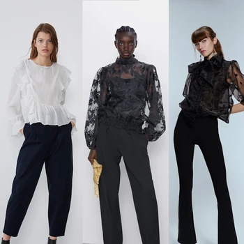 

Vintage Black Blouse Women Tops ZA 2019 Fashion White Embroidered Patchwork Shirt Round Neck Ruffled Shirts Polka Dot Bow Top