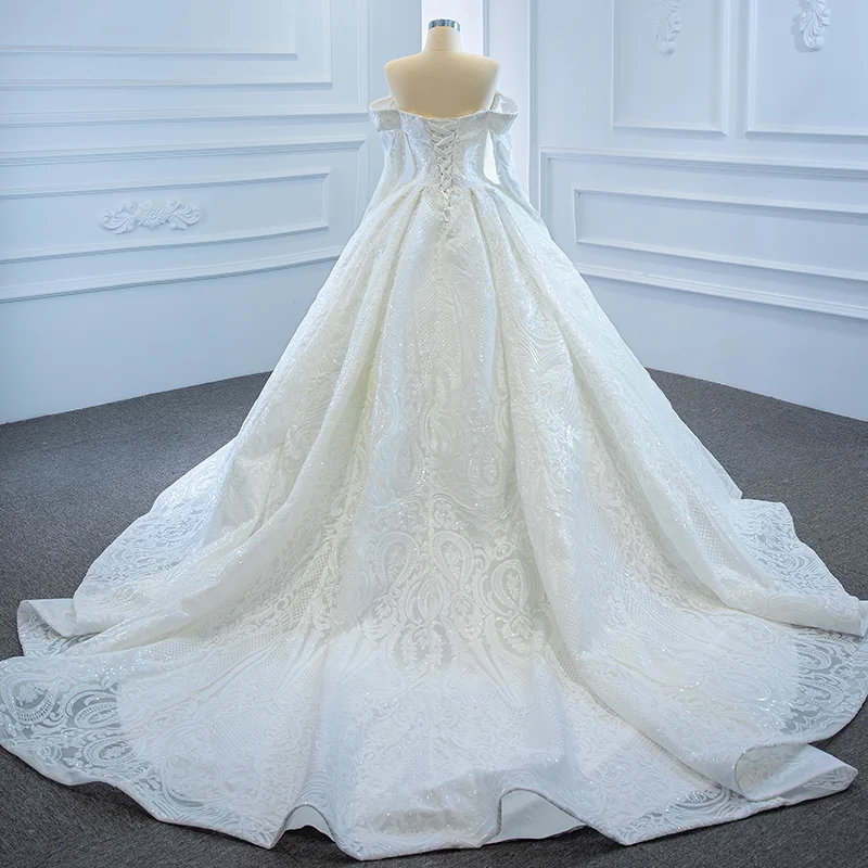 J67222 Sweetheart Luxury Beading Sequined Wedding Dress 2021 Long Sleeve Lace Up Back Off The Shoulder 2