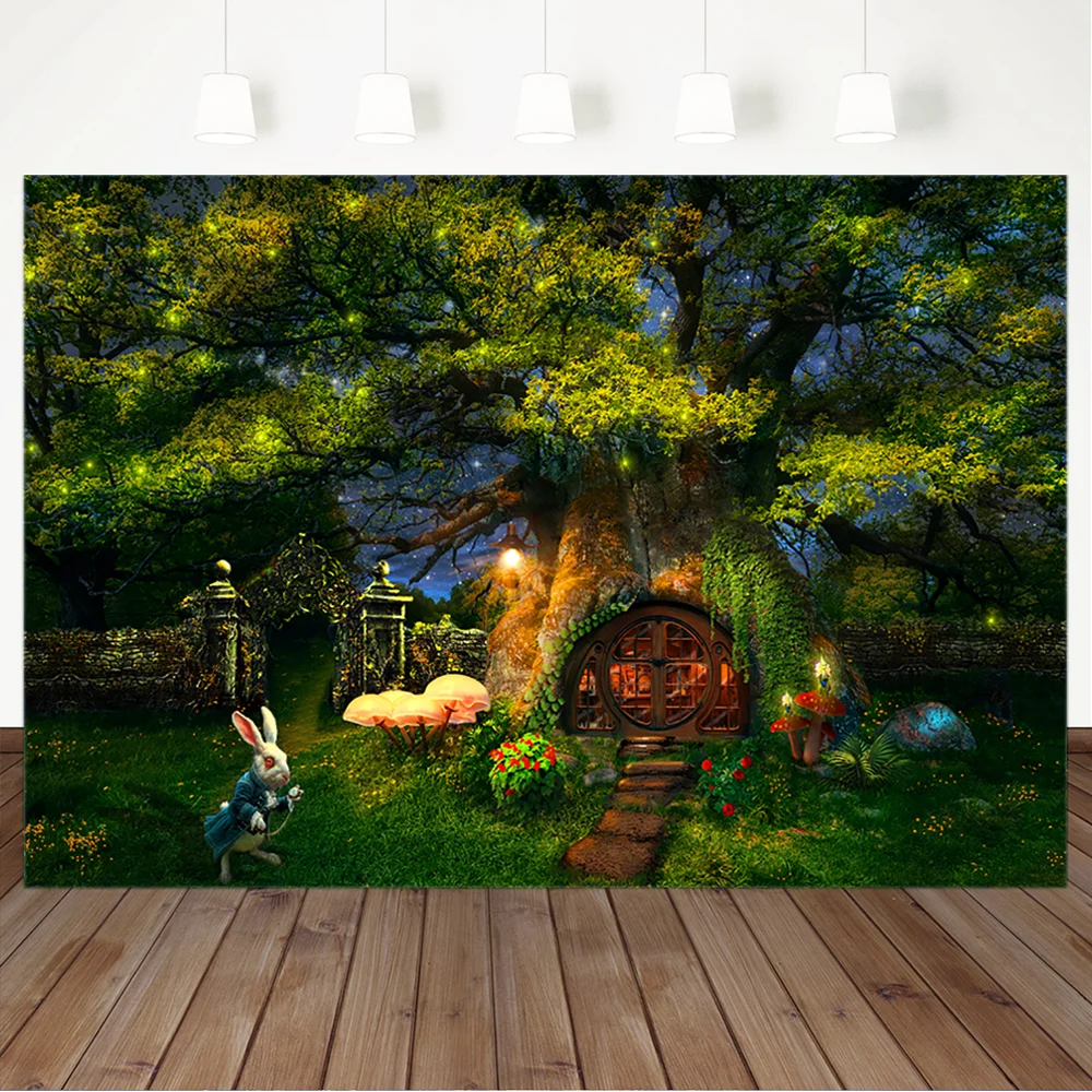 

Jungle Forest Firefly Backdrop Fairytale Old Tree House Mushroom Green Photo Backdrops Children Backgrounds for Photo Studio