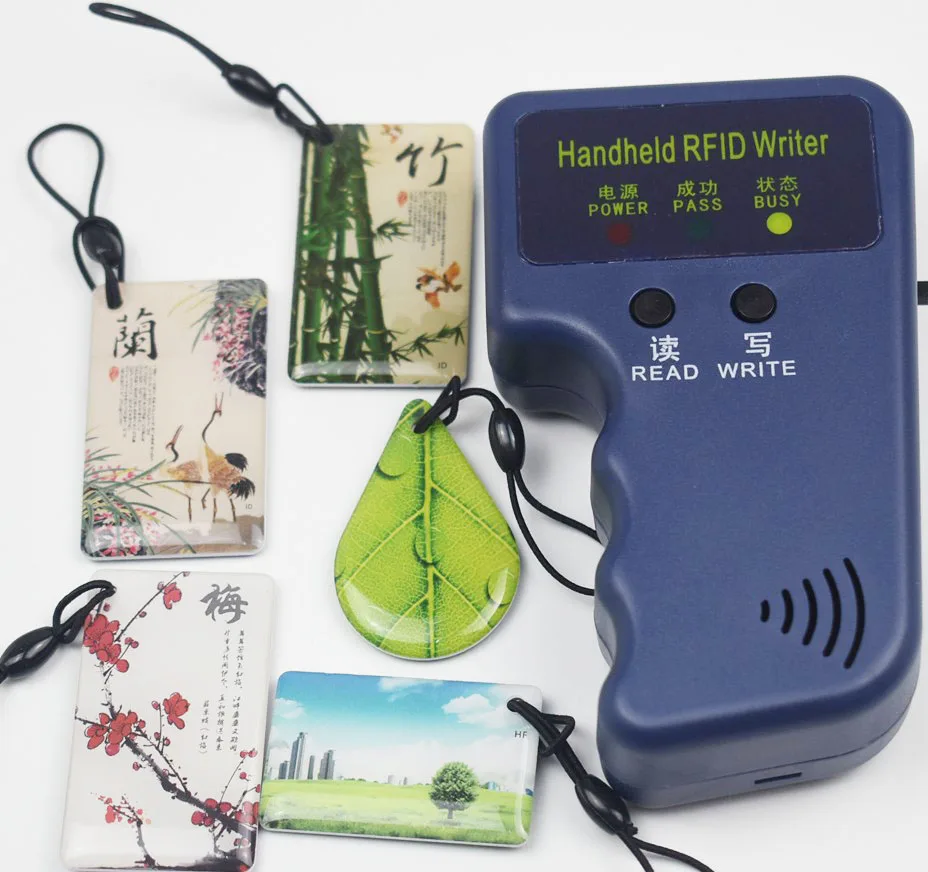 

125 кГц ручной RFID-считыватель, записывающий брелок, дупликатор карт, копировальный аппарат + 5 шт. перезаписываемых ключей T5577 эпоксидная смола