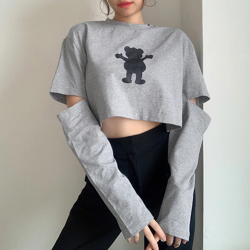 

Women's Sexy T Shirt Cute Bear Printed Cutout Long Sleeve Round Neck Loose Crop Top Spring Autumn Pullover Top Beachwear