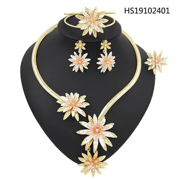 

Yulaili Trendy Dubai Gold Jewelry Sets for Women Wedding Three Color Flower Necklace Earrings Bracelet Ring 4PCS Free Shipping