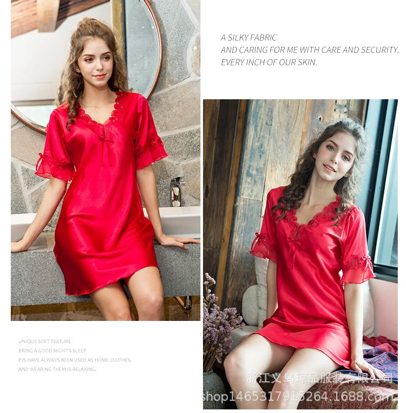 SP&CITY 6 Colors Women Lace Low Collar Dressing Gown Summer Thin Sleepwear Female V-Neck Short Dress Plus Size House Nightgown