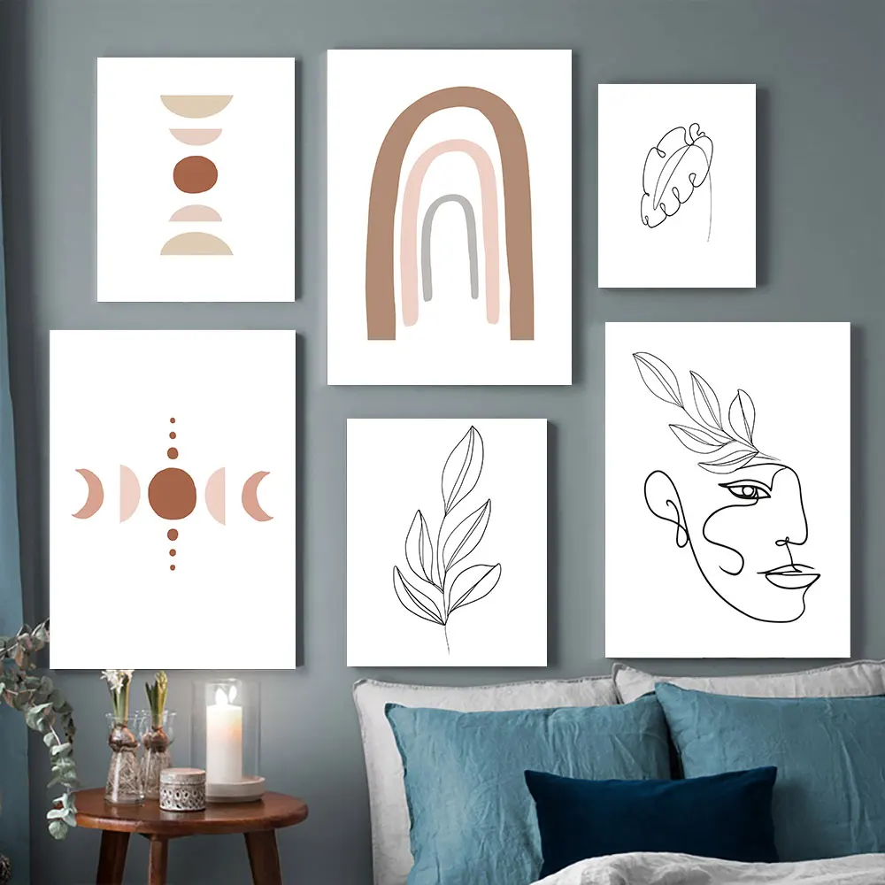 

Abstract Geometric Boho Style Canvas Painting with Line Leaves girl Wall Art Pictures Posters Prints Living Room Home Decor