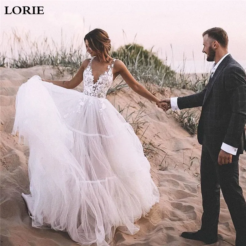 LORIE Свадебные платья Бохо Пышное ТРАПЕЦИЕВИДНОЕ длинное пляжное свадебное платье аппликация кружевной топ платье невесты vestido de noiva
