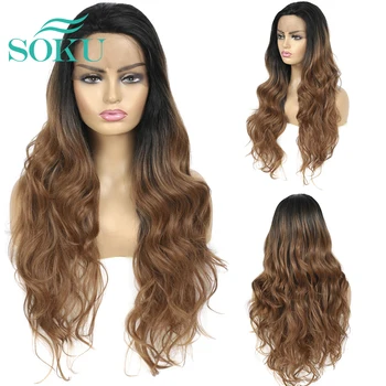 

SOKU Long Wavy Womens Wig Lace Natural Hair Ombre Synthetic Wigs Brown/yellow Texture Wigs Heat Resistant for Black/White Women