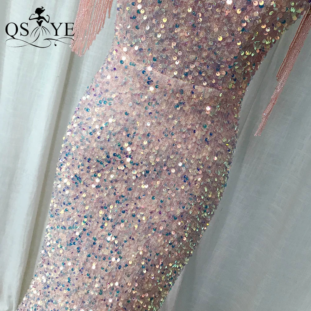 Sparkle Pink Evening Dresses Beading Side Sleeves Sequin Prom Gown Fit Glitter Party Dress Mermaid V Neck Women Formal Gown 2021 white evening dresses