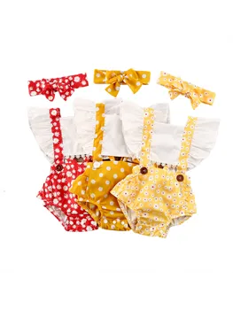 

2020 Newborn Infant Baby Girls Boys Jumpsuits Headband 2pcs Sunflowers/Polka Dot Print Ruffles Short Sleeve Bodysuits