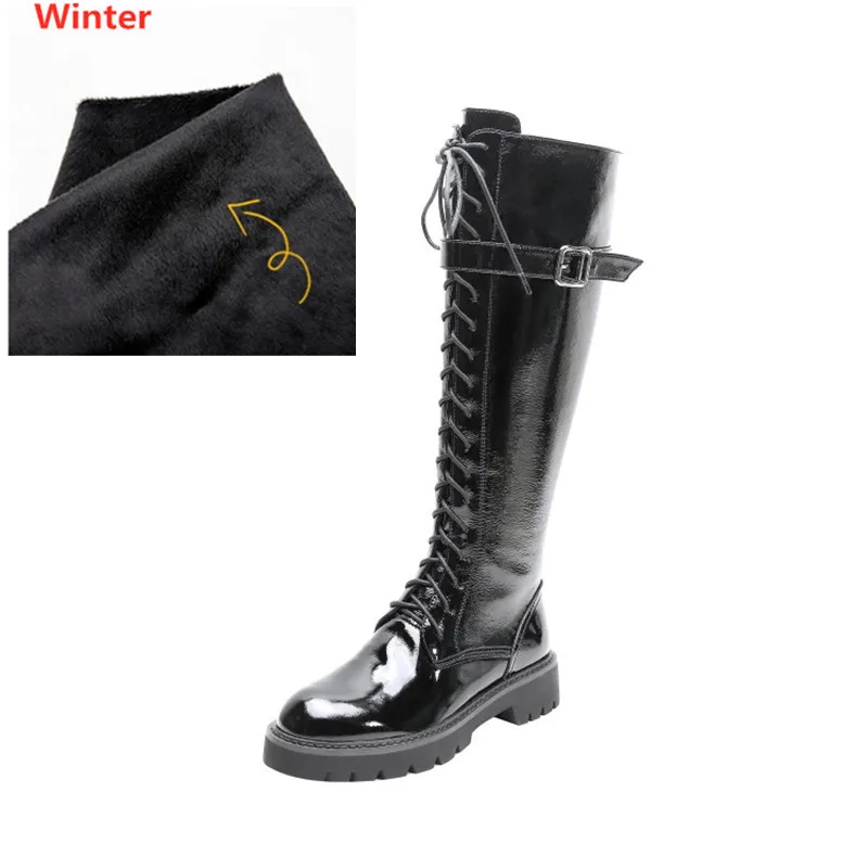 Patent Winter PXELENA Сапоги до колена из натуральной кожи женская обувь на среднем каблуке, лодочки, с острым носом, с пряжкой, женские сапоги для верховой езды, рыцарские сапоги в стиле милитари мотоцикл Мотоботы - Цвет: Patent Winter