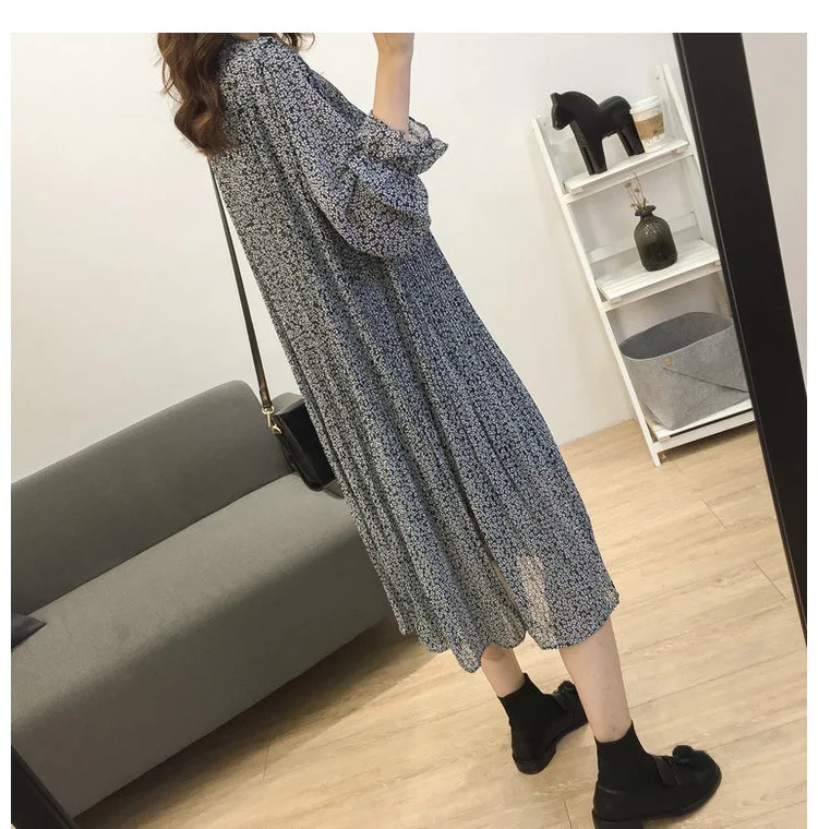 Loose-Fit Stand Collar Floral-Print Chiffon Long-sleeved Dress Autumn And Winter Women's Large Size Slimming Medium-length A- li