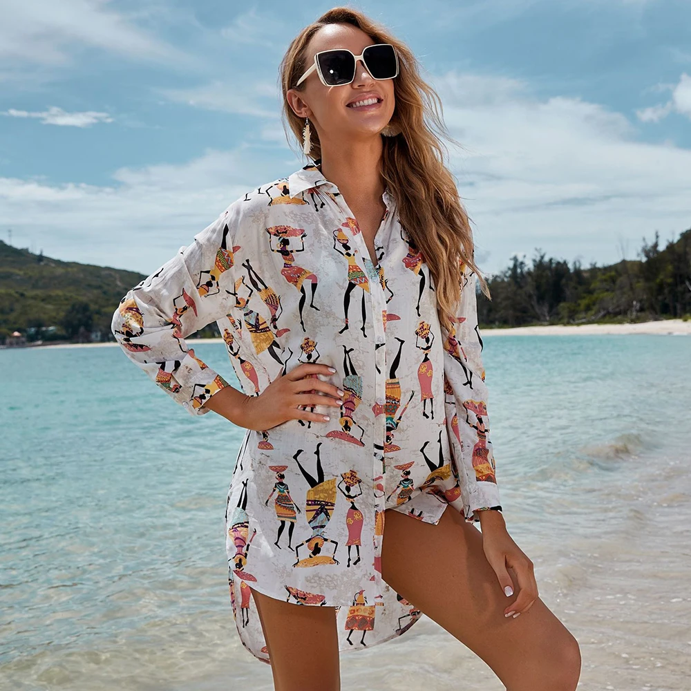 

2020 New Beach Cover Up Print Bikini Cover Up Women Beach Cardigan Summer Beach Dress Ladies Tunics Swimsuit Cover Ups Beachwear