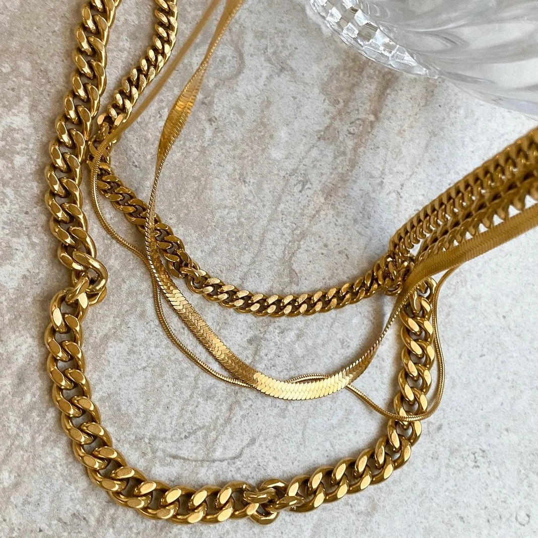 18K Gold Plated Stainless Steel Thick Cuban Chain Necklace For Women Punk  Miami Double Layered Snake Chain Choker Neckalce