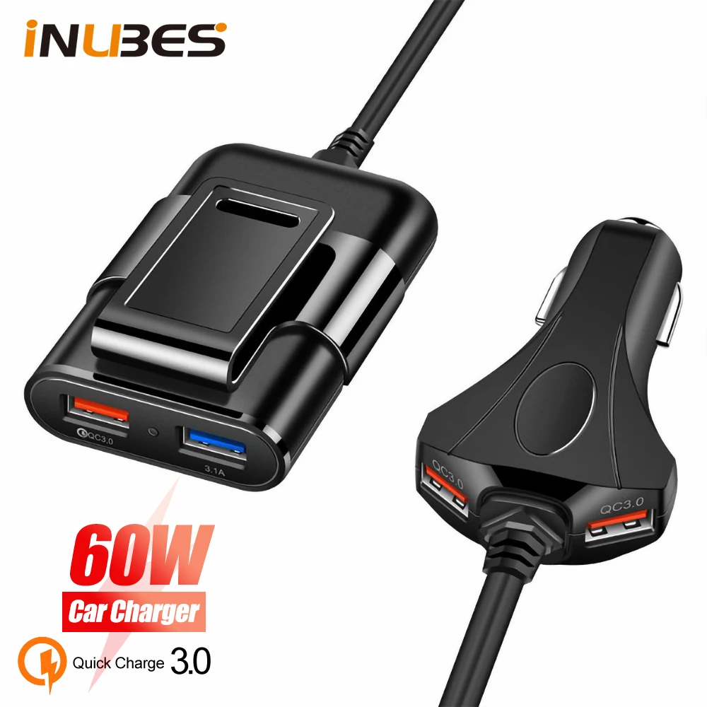 

60W 4 USB QC 3.0 Car Charger Quick Charge 3.0 Phone Car Fast Front Back Charger Adapter Car Portable Charger Extension Cable