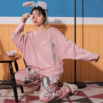 

Ladies Cartoon Print Pajama Set Long Sleeve O-neck Pure Cotton High Quality Pajamas Home Wear 2020 Fall Winter M-XXL