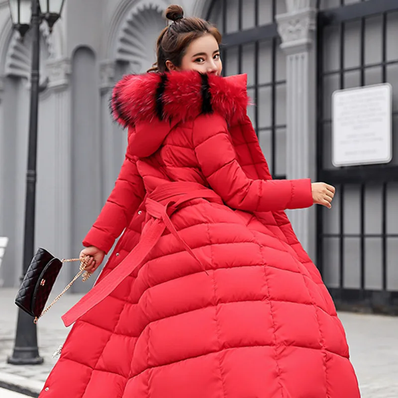 Red Fur X-Long, Новое поступление, Модная приталенная женская зимняя куртка с хлопковой подкладкой, теплое плотное Женское пальто, длинное пальто, парка, женские куртки - Цвет: Red Fur