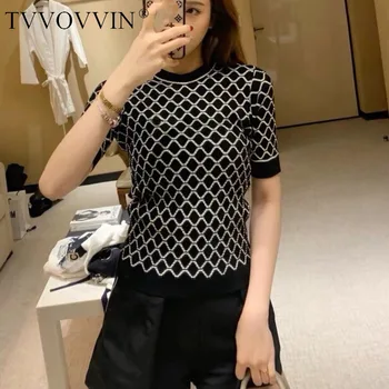 

TVVOVVIN 2020 Summer New Elasticity Diamond Plaid Short Sleeve Slim Knitting Womens Tops Lady T Shirt Womans Girl A006