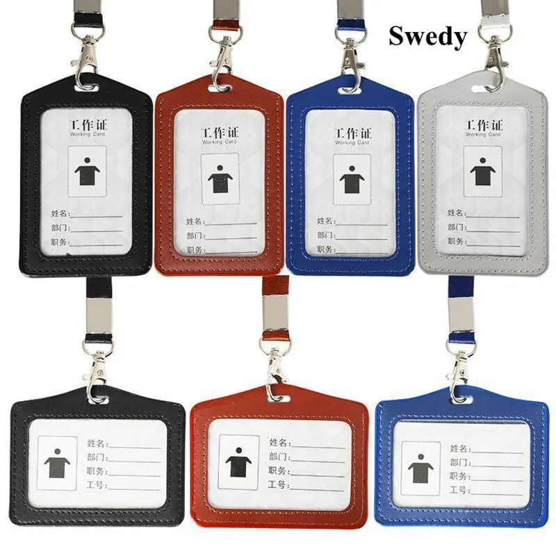 PU Leather ID Badge Holder Waterproof Clear Name ID Card Holder Window With Detachable Neck Lanyard For School ID Office