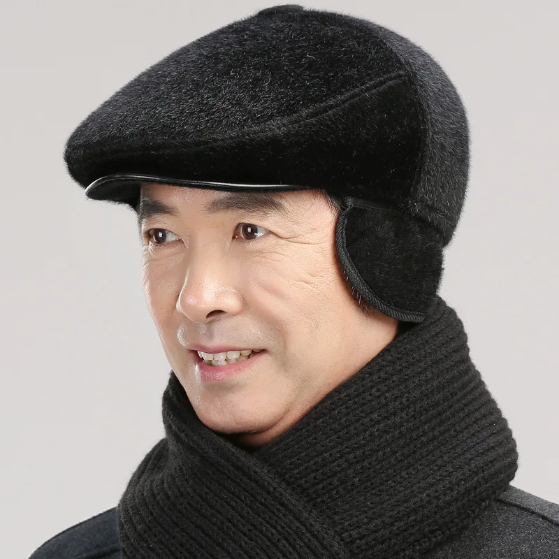 Берет, осенне-зимняя шапка, мужская шапка-ушанка, плоская кепка плюща, Толстая теплая шапка с ушками, меховая фетровая шапка для папы, мужские береты - Цвет: black