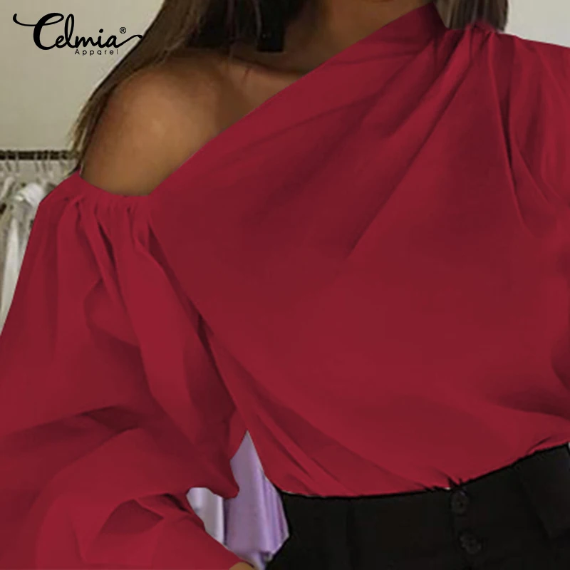Celmia, женская блузка, сексуальные топы с открытыми плечами, Летняя асимметричная рубашка с рукавом-фонариком, Повседневная однотонная уличная блуза размера плюс
