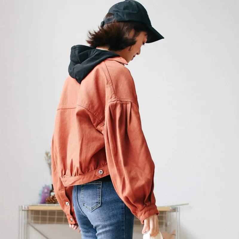 Best  New Fashion Orange Female Jacket Bomber Jackets Jeans Jacket Women Loose Lantern Sleeves Women's De