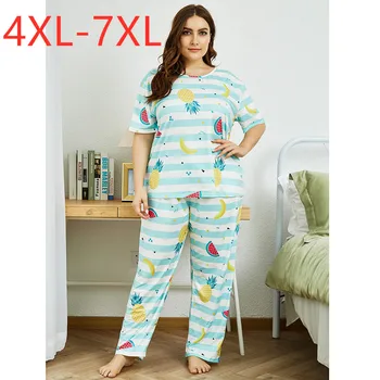 

Ladies summer plus size pajamas for women short sleeve loose floral stripe T-shirt and long pants home wear suit 4XL 5XL 6XL 7XL