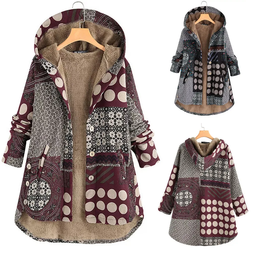 Ideal Women Autumn Winter Coats Casual Warm Outwear Floral Print Hooded Pockets Vintage Oversize Coats bi