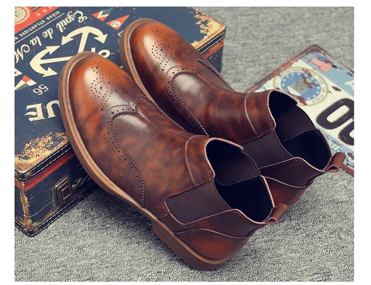 Модные мужские ковбойские ботинки челси в английском стиле; обувь с перфорацией типа «броги» из натуральной кожи; обувь с резьба Буллок; уличные ботильоны; zapatos